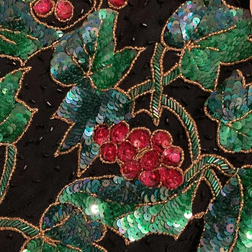 NITELINE Vintage Christmas Floral Sparkly Beaded Sequined Silk Jacket size XL - Picture 8 of 13